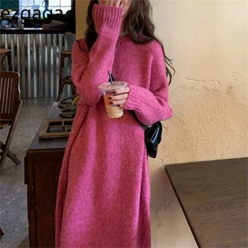 

Ezgaga Knitted Sweater Dres Autumn Winter Korean Loose Gentle O-Neck Long Sleeve Solid Elegant Fashion Vestidos 211109, Orange