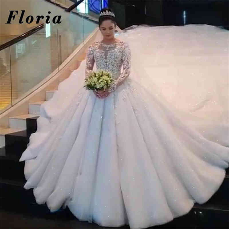 

Custom Made Long Sleeve Bridal Gowns 2021 Turkish Saudi Arabia Applique Crystal Illusion Bride Beaded Luxury Wedding Dress