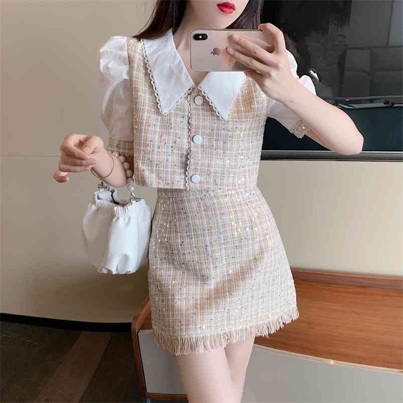 

Summer 2 piece Set Elegant Sequined Tweed Puff Short Sleeve Chic Tops + Tassel A-Line Mini Skirts Suit Female 210519, Photo color