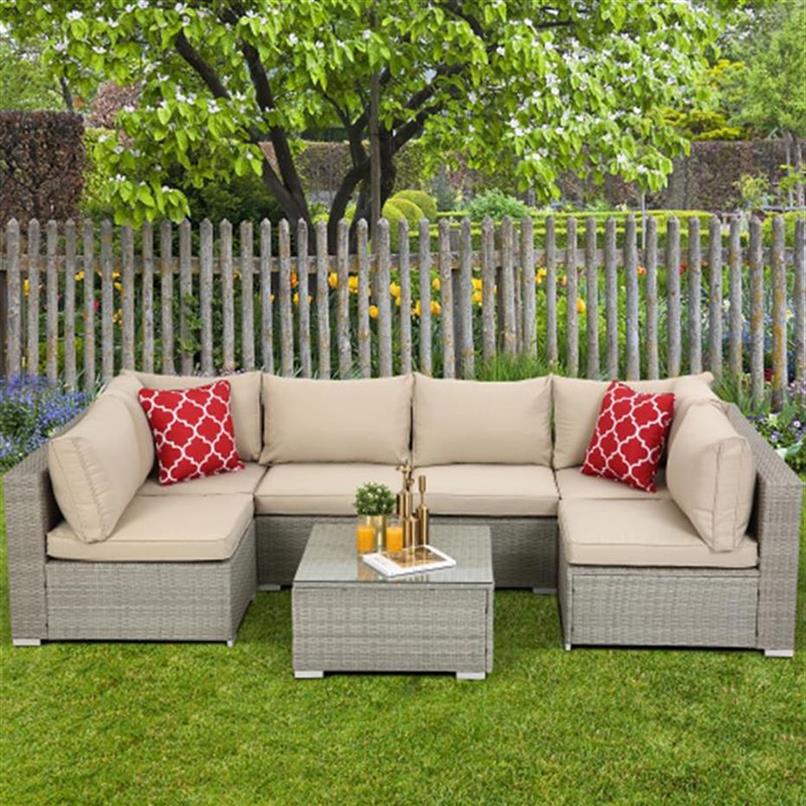 

US STOCK HIFINE-Outdoor Garden Patio Furniture set 7-Piece PE Rattan Wicker Sectional Cushioned Sofa Sets with 2 Pillows and Coffee a57 a33