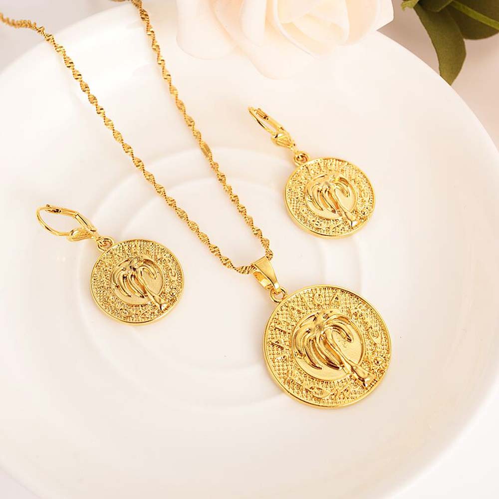 Fashion Pendant Necklace Earring Jamaica coco tree 18 k Solid G/F gold Jewelry Set Circle Design wedding bridal gift-image-677729917