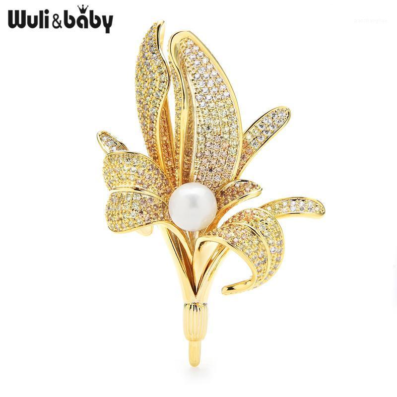 

Wuli&baby Luxury Cubic Zircon Flower Brooches Women Pearl Lily Weddings Party Casual Brooch Pins Gifts Pins,, Gray
