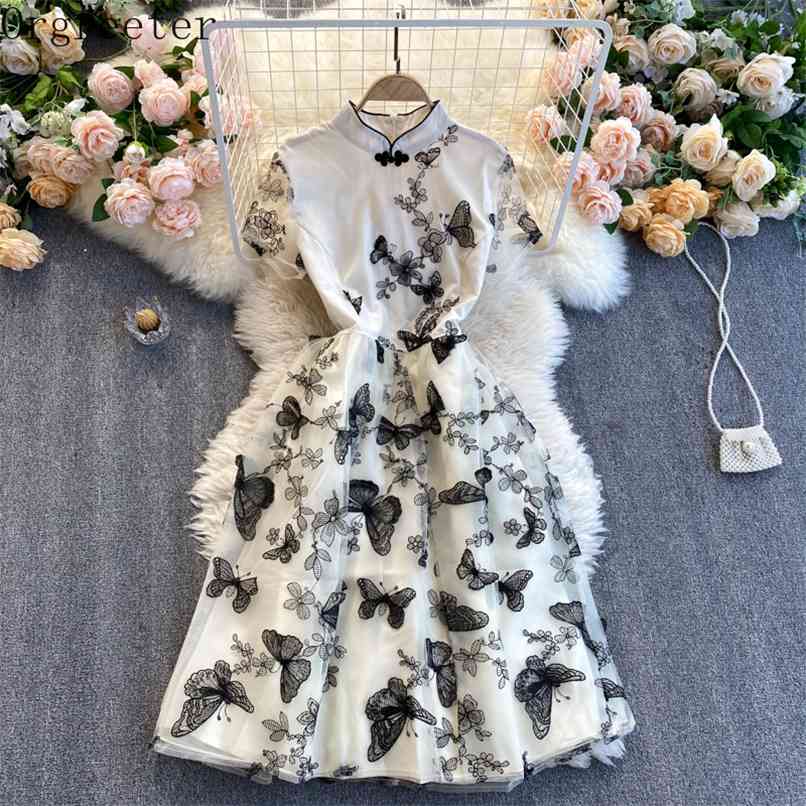 

Orgreeter High Quality Summer Dress for Women 3D Butterfly Embroidery Cheongsam collar Mesh 210602, Apricot