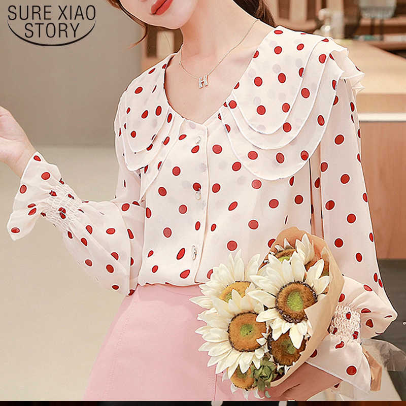 

Autumn Fashion Long Sleeve Chiffon Women Shirts Polka Dot Print Sweet Women Blouses Casual Long Butterfly Sleeve 6699 50 210527, Photo