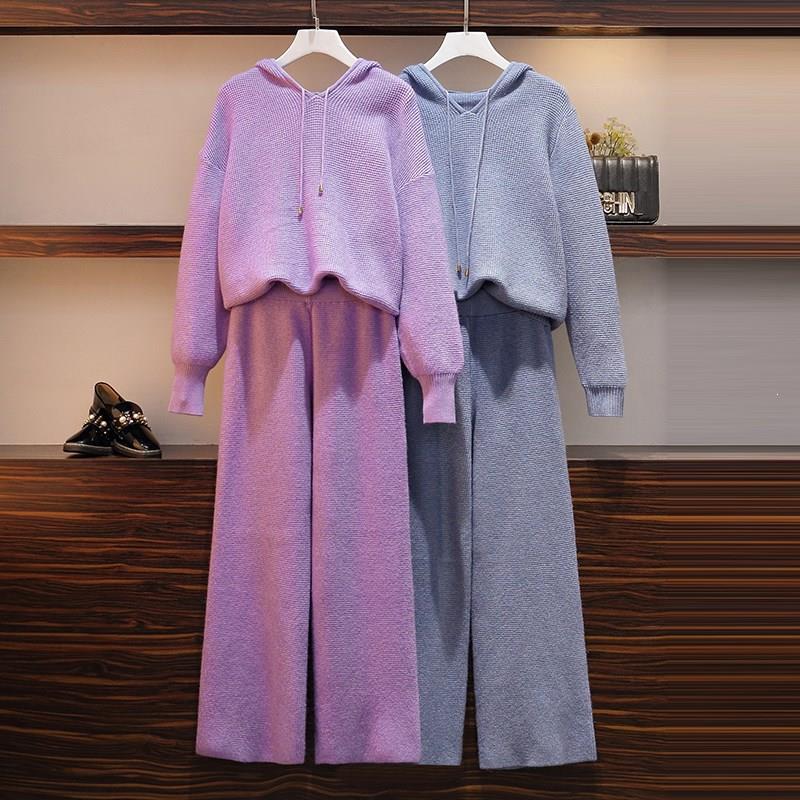 

Two Piece Dress Autumn Winter Knitted Tracksuits Pants Set Women Hooded Thick Long Sleeve Pullovers Wide Leg Trousers Suit, Gray