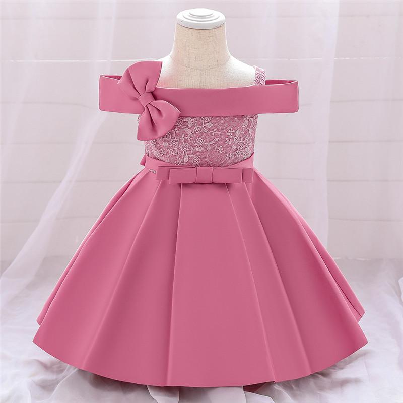 

Girl's Dresses PLBBFZ Pink One Word Neck Bow Birthday Dress For 1 Year Baby Girl Baptism Bridesmaids Party Wedding Princess Prom, Red;yellow