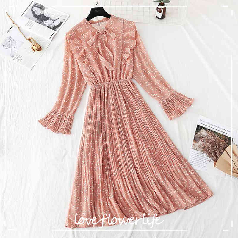 

Women Pleated Print Chiffon Dress Spring Summer Flare Sleeve O Neck Vintage A Line Female Midi Dresses Vestidos 210521, Yellow