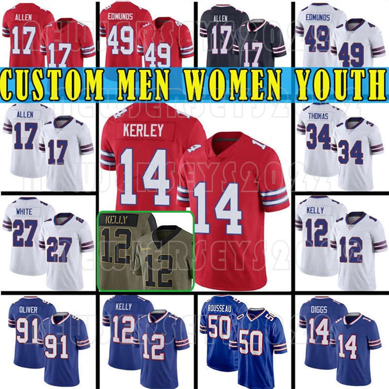 

14 Stefon Diggs Custom 27 Tre'Davious White Josh Allen Football Men Jersey Cole Beasley Jim Kelly Tyler Bass Dawson Knox 21 Poyer Oliver Emmanuel Sand Women Youth, Custom youth(bier)