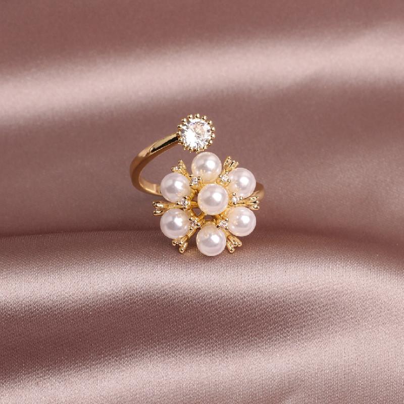 

Cluster Rings Korean Design Fashion Jewelry Exquisite Copper Inlay Zircon White Pearl Elegant Female Opening Adjustable Index Finger Ring