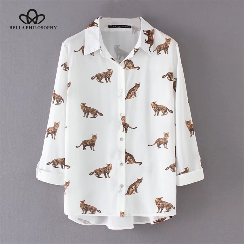 

spring women long regular sleeve blouse turn down collar female shirt fashion animal print 210519, White