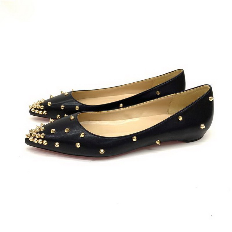 

Fashion Women Shoes Black Matt Leather with Gold Spikes Sexy Point Toe Slip-on Flat Casual Shoe Box +dust bag size 34 42
