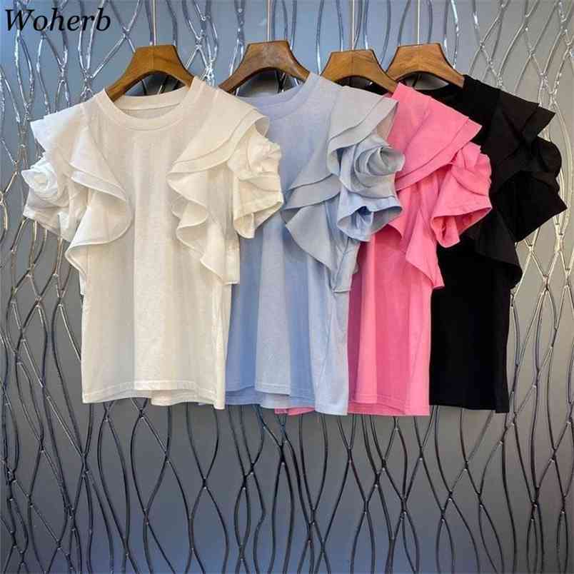 

Korean Fashion Clothes T-shirt Summer Ruffles Short Sleeve Women T Shirts Ladies All Match Casual Tshirt Elegant Tee 210519, Pink