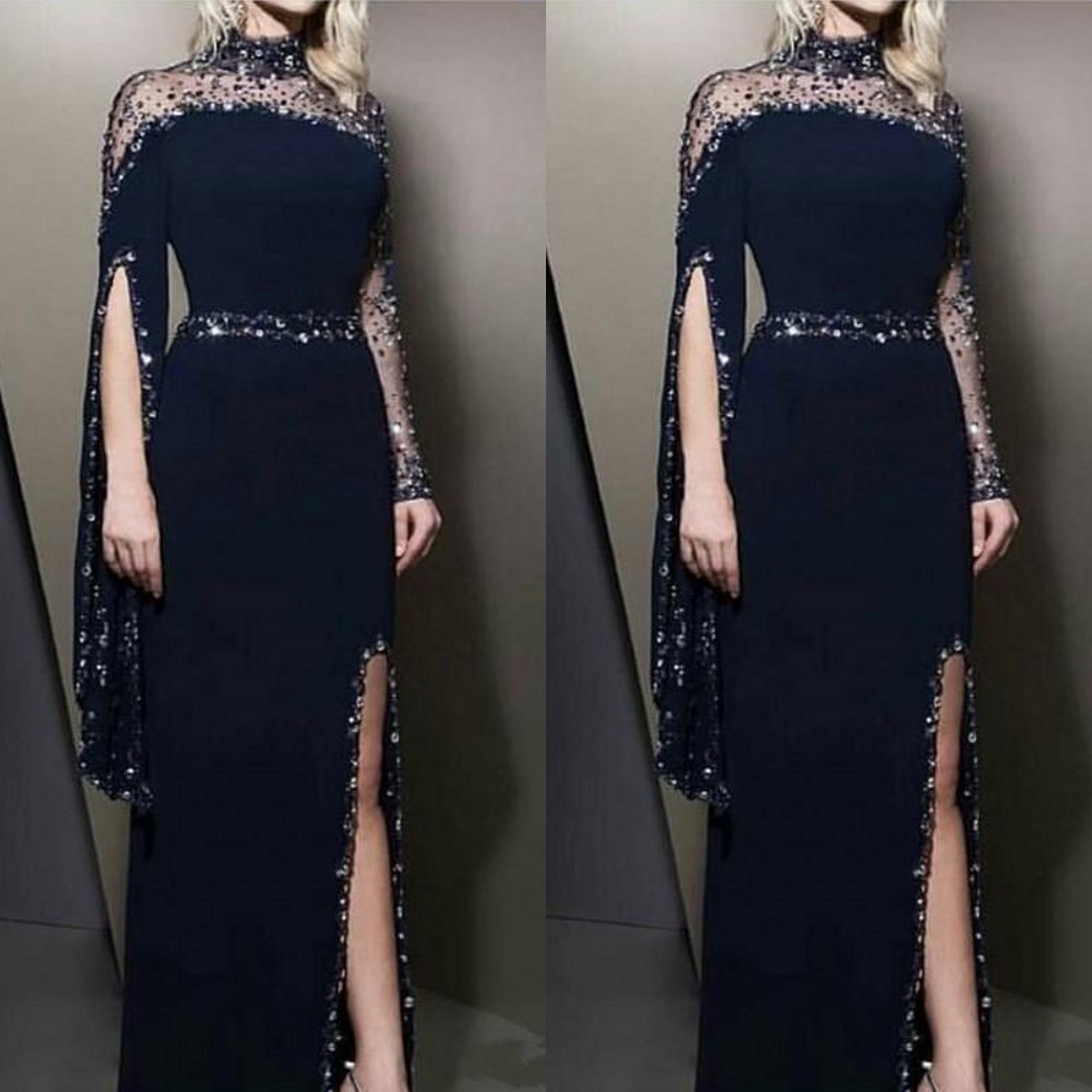 

2021 Sexy High Neck Evening Dresses Wear kaftan Dubai Crystal Beaded Long Sleeves Party Gowns Modest robe de soiree Side Split Prom Dress, Coral