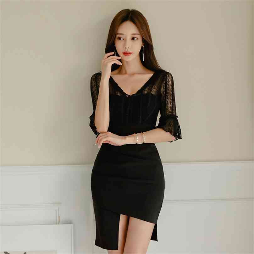 

autumn Lace Dress korea laides black Half Sleeve hollow out Sexy irregular Office party Dresses for women clothing 210602