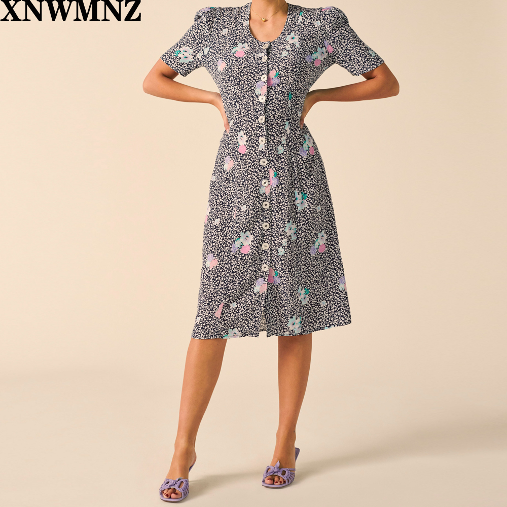 

xnwmnz elegant center buttons midi dress women france floral print chiffon dress o neck party dresses vintage vestidos za robe, Black;gray