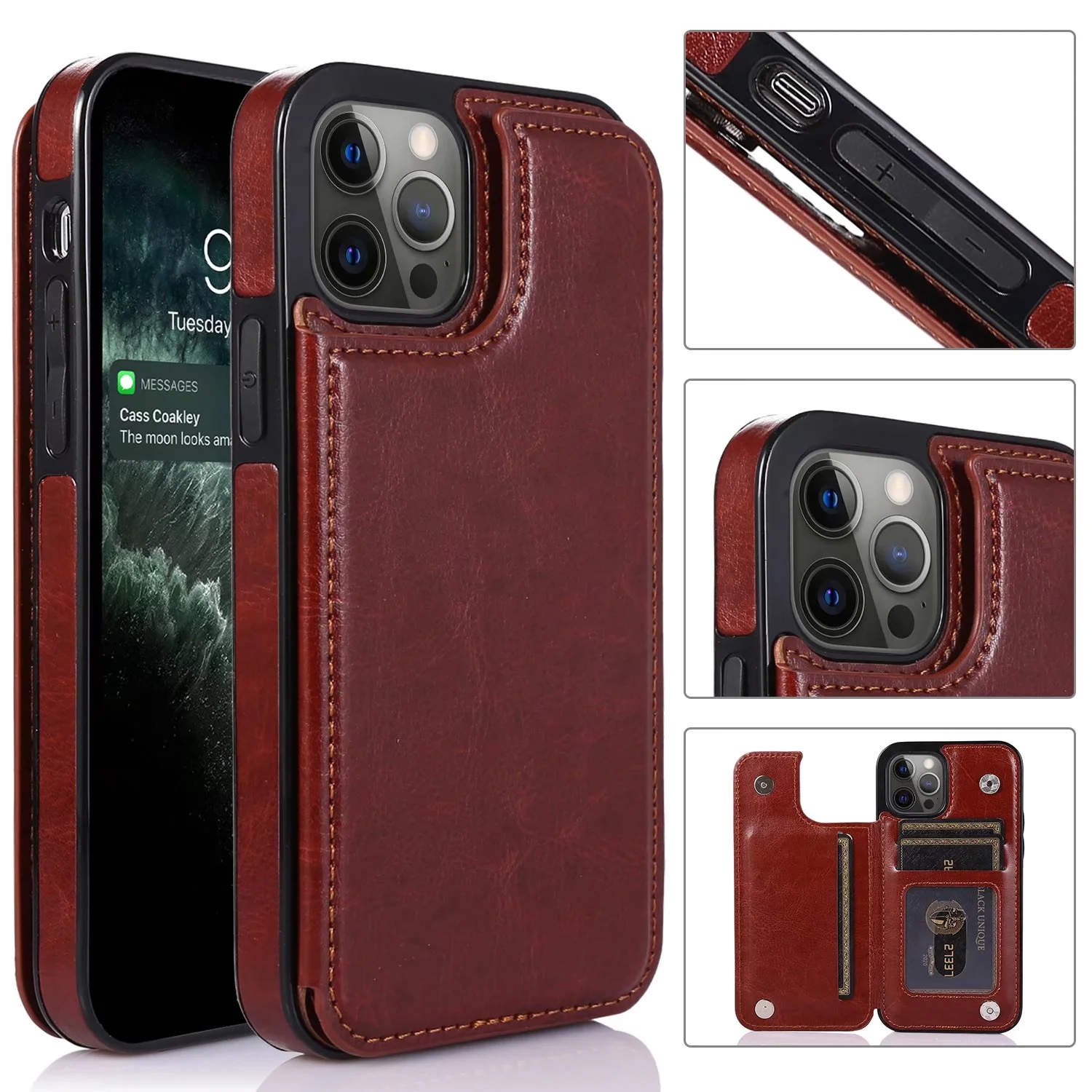 

Shockproof Phone Cases for iPhone 13 12 11 Pro Max XR XS X 7 8 Plus, Dual Buckle Solid Color PU Leather Protective Cover Case with Card Slots, Brown