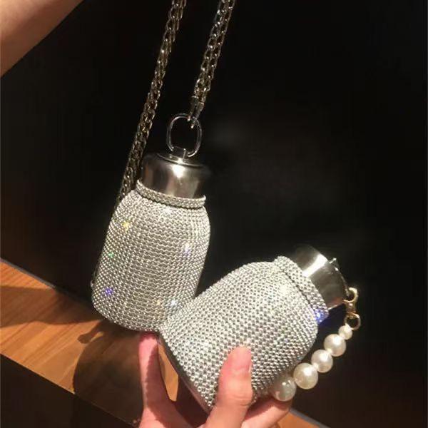 

Water Bottles 300ml Pearl Handle Diamond Thermo Bling Rhinestone Stainless Steel Tumbler Bottle Flask With Shoulder Chain For Gift