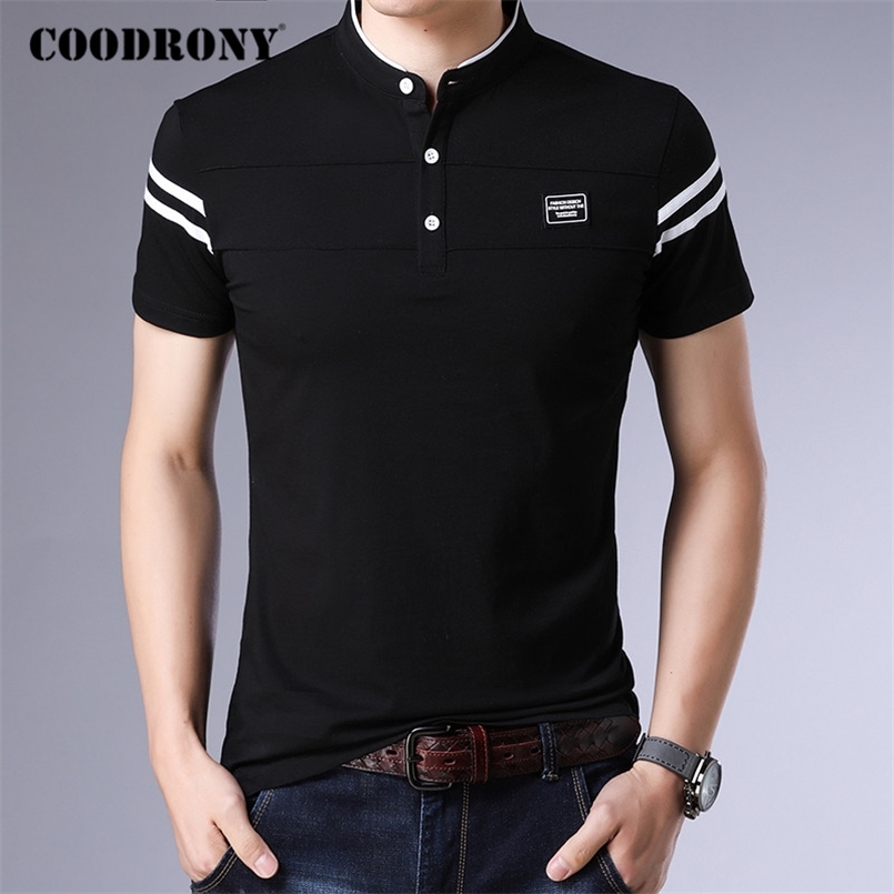 

COODRONY Brand Summer Short Sleeve T Shirt Men Cotton Tee Homme Streetwear Fashion Stand Collar T- Clothes C5096S 210721, Gray
