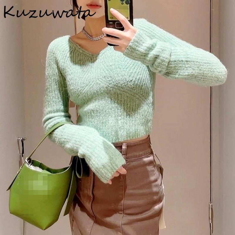 

Women's Sweaters Kuzuwata 2021 Autumn Winter Women Japanese Sweet Candy Color Jumpers V Neck Long Sleeve Slim Short Knit Pullovers, Green