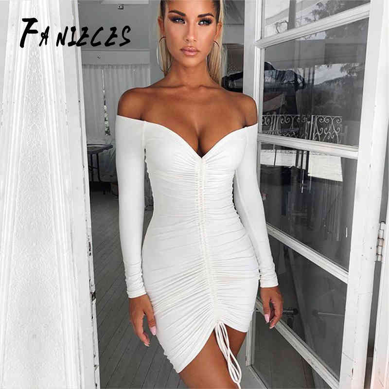 

INS fashion short Dress Drawstring Autumn Women Sexy clubwear Bodycon white black Party Mini Dresses streetwear drop 210520