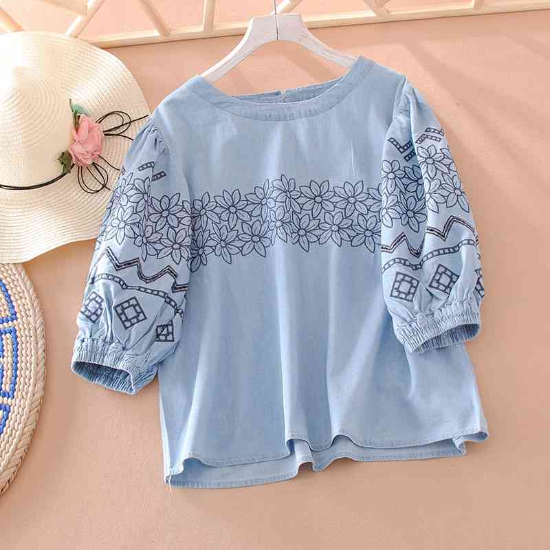 

VANOVICH Fashion Women Blouses and Tops Summer Embroidery Wild Casual Ladies Round Neck Clothing 210615, White