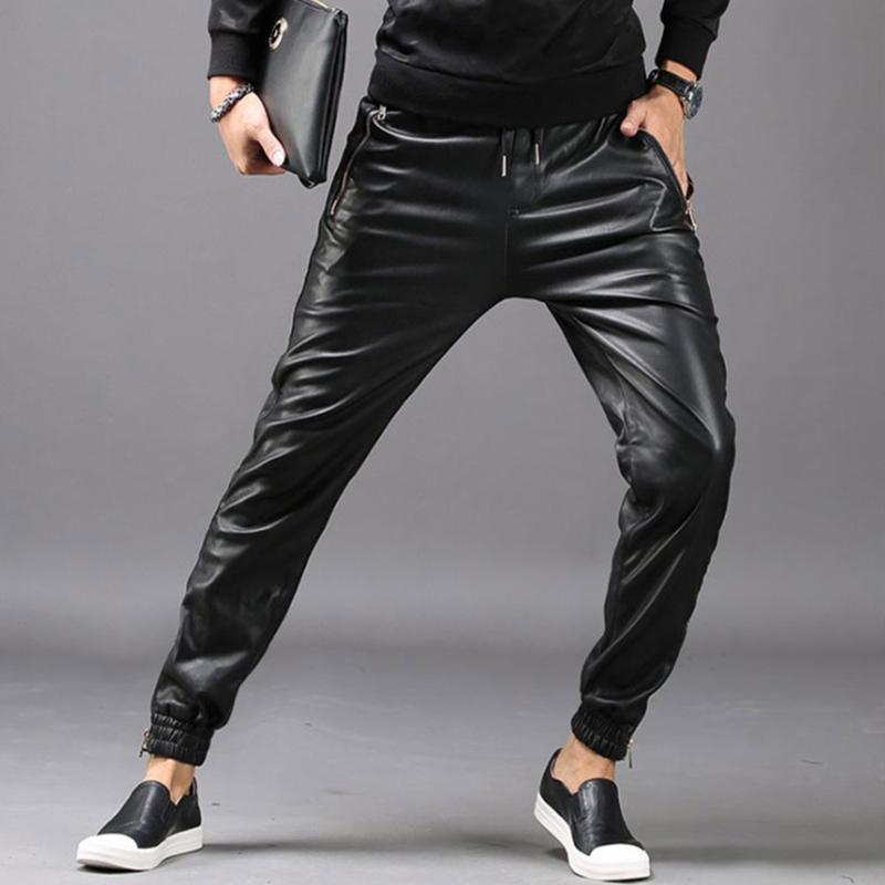 

Moto Biker Faux Leather Pants Men Joggers Harem Pant Elastic Waist Zipper Pockets Black Streetwear Slim Fit Clothing, Thread
