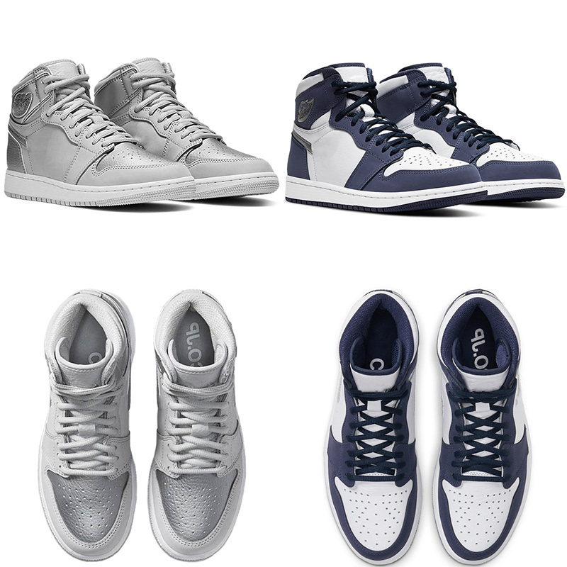 

Shoes CO.JP x Basketball Mens 1 OG High Midnight Navy Metallic Silver White Toe Sports Designer Sneakers Trainers size 36-45, Bubble wrap packaging