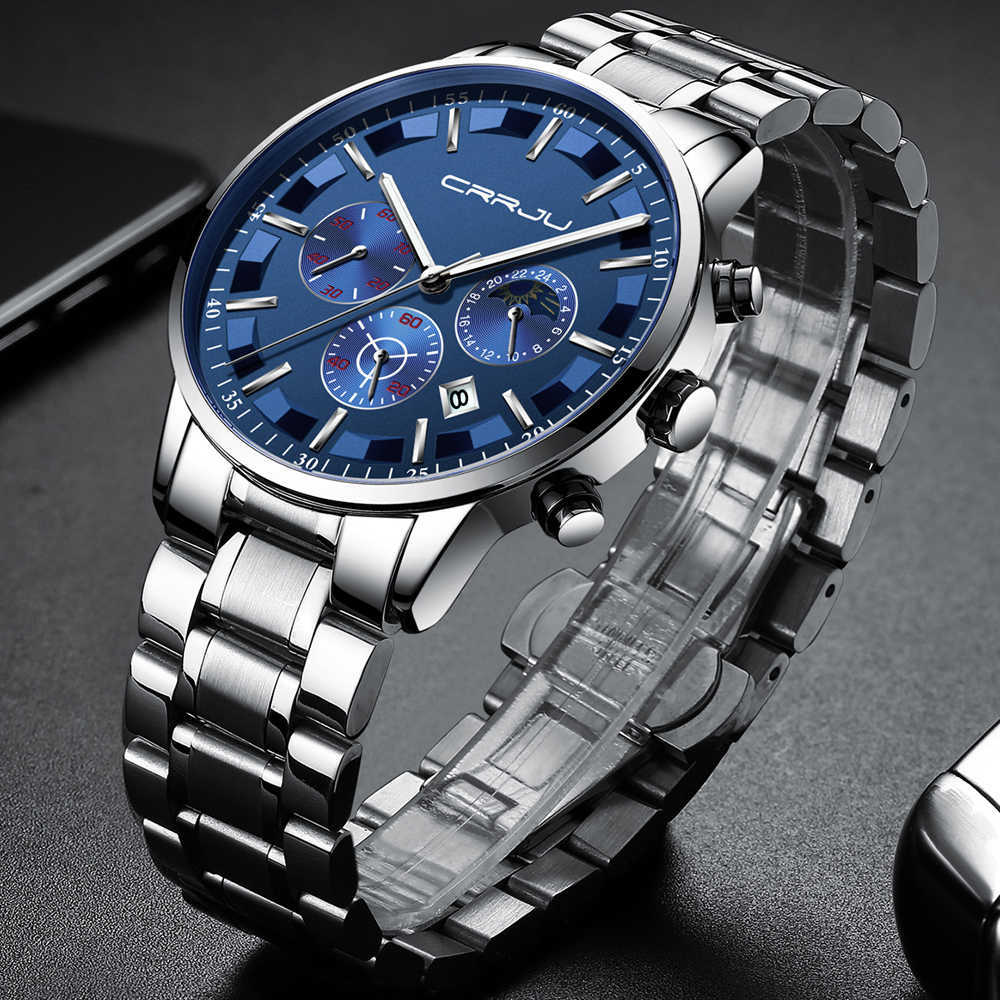 

LMJLI - Mens Watches CRRJU Top Luxury Sport Quartz All Steel Male Clock Military Camping Waterproof Chronograph Relogio Masculino, Black