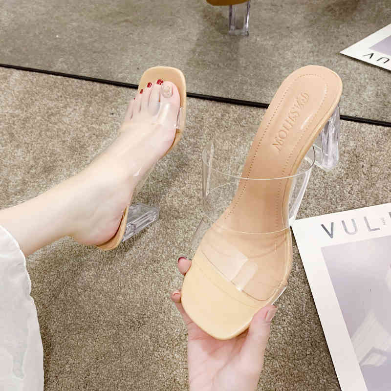 

Transparent High Heels Women Square Toe Sandals Summer Shoes Woman Clear High Pumps Wedding Jelly Buty Damskie Heels Slippers K78, Black 4cm