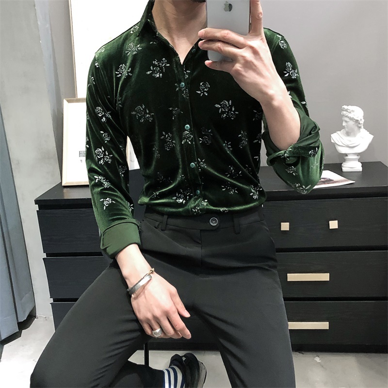 

Men' Polos spring-branded velvet floral printing shirts/male lapels high quality fine fit fashion dress shirt/plus size -3XL 37WI, Black