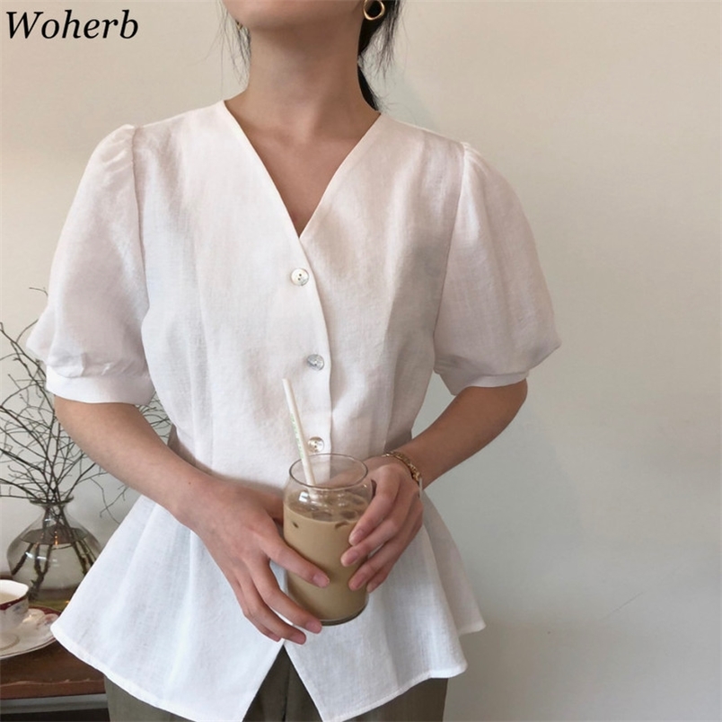 

Korean Shirts Women Fashion Single Breasted V Neck Blouse Summer Elegant Blusas Slim Waist Puff Sleeve White Tops 4i939 210519, Blue