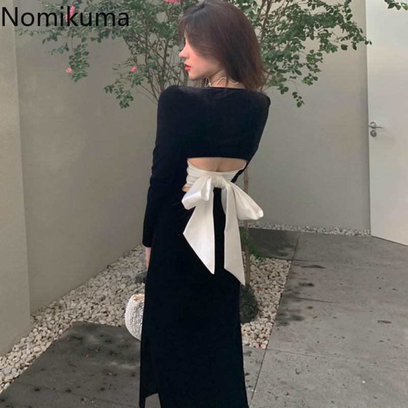 

Casual Dresses Nomikuma Backless Bow Knot Design Bodycon Dress Women Contrast Color Patchwork Long Sleeve Slim Fit Vestidos Mujer 3d586, Black dress