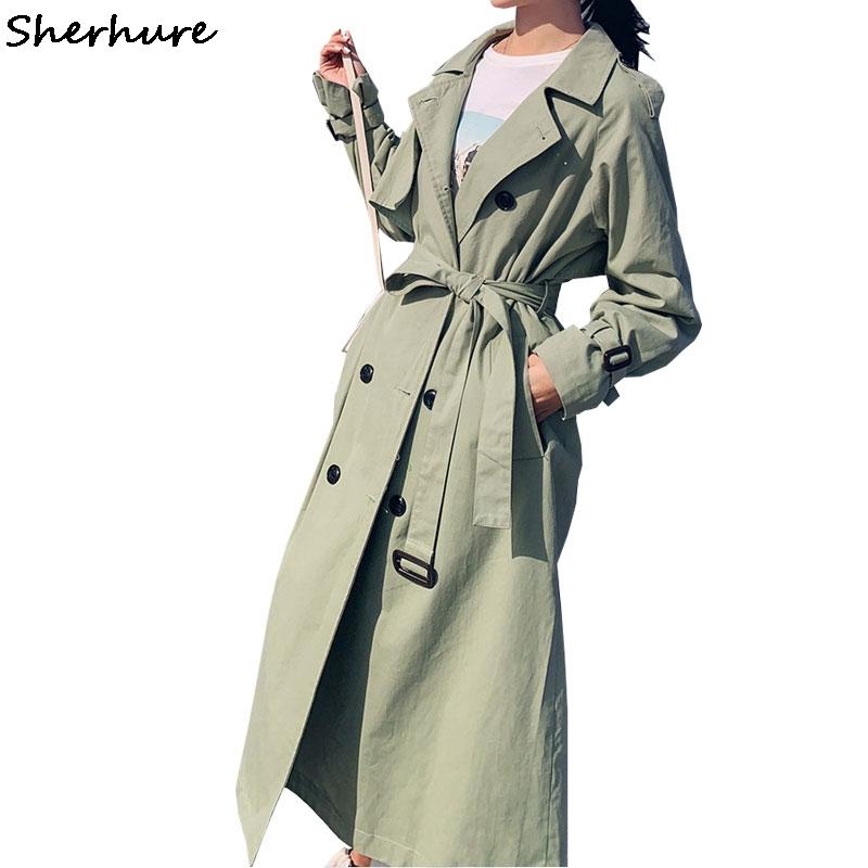 

Women's Trench Coats 2021 Autumn Women Long Coat With Belt Turn Down Collar Clothes Casaco Feminino Abrigo Mujer Femme, Tan;black