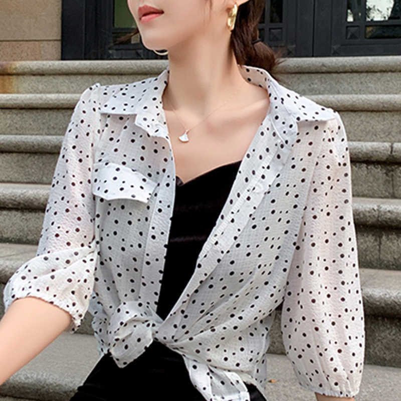 

Fashion Woman Blouses Women Clothes Summer Tops Blouse Women Polka Dot White Chiffon Blouse Shirt Women Clothes Blusas C955 210602, Apricot