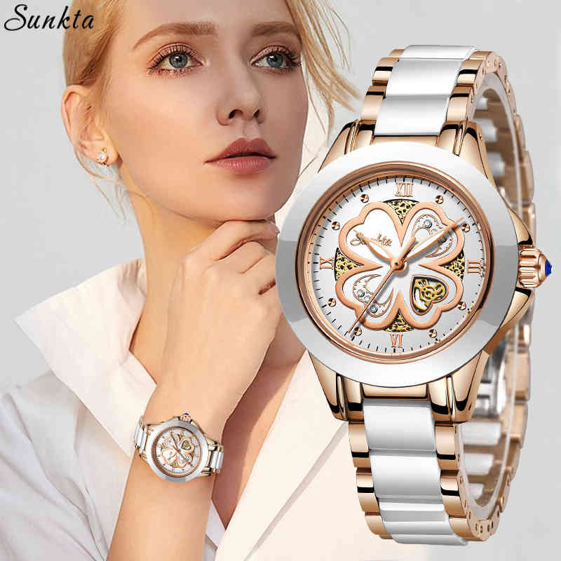 

SUNKTA Fashion Women Watches Rose Gold Ladies Bracelet Watch Reloj Mujer Creative Waterproof Quartz Watch For Women+Box 210517