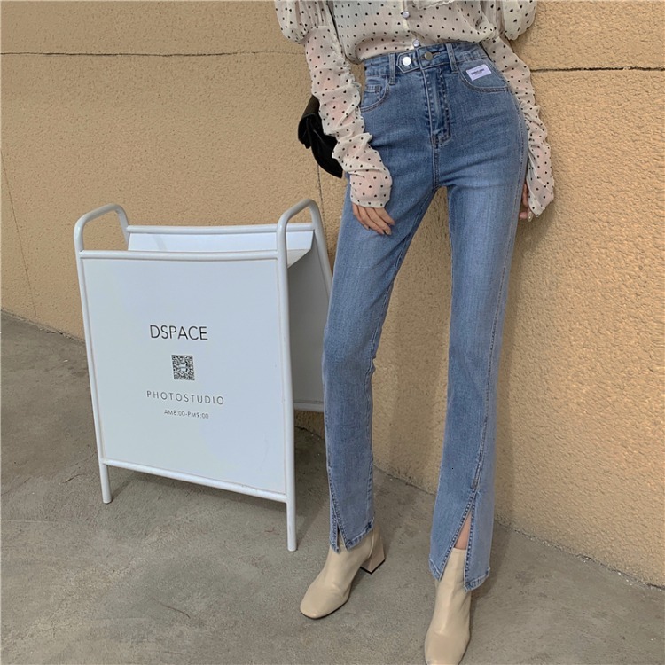 

Women' jeans Korean Front Split Jeans Children' Light Color Micro Trumpet Trousers High Waist Show Thin, Blue