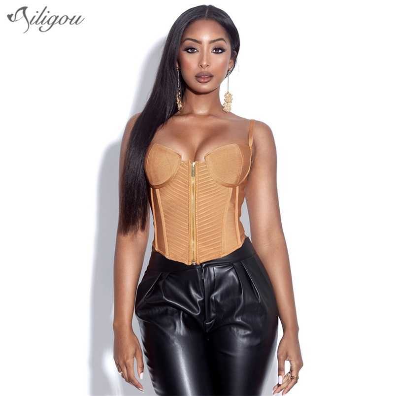 

Summer Women's Celebrity Brown Sleeveless Halter Front Zipper Short Bandage Top Bodycon Sexy 210525