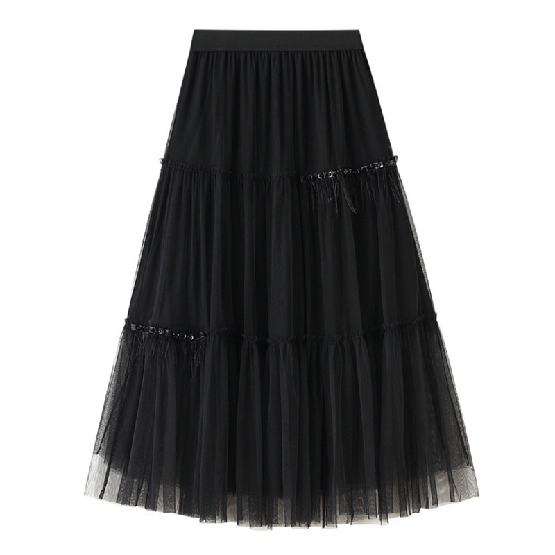 

Tulle Skirts Womens Faldas Mujer Moda Fashion Elastic High Waist Mesh Tutu Maxi Pleated Long Midi Saias Jupe Women's Skirt 210524, Black