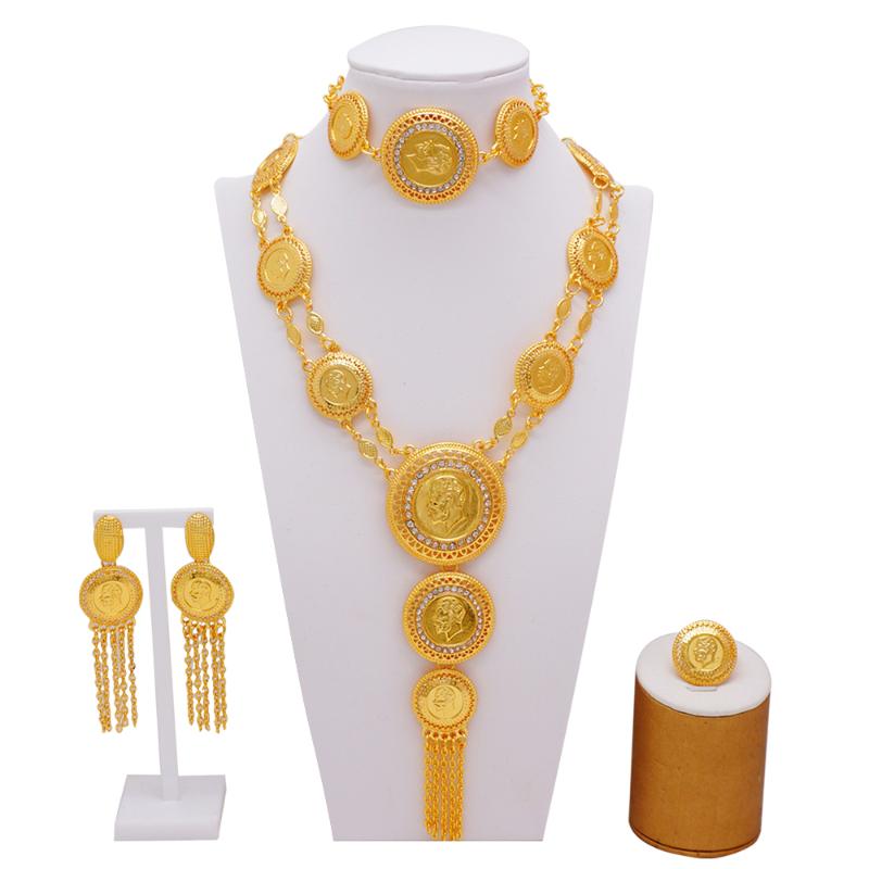 

Earrings & Necklace Luxury 24K Dubai Jewelry Gold Color Arabic Ethiopian African Wedding Gifts Bridal Bracelet Ring Jewellery Set, As pic