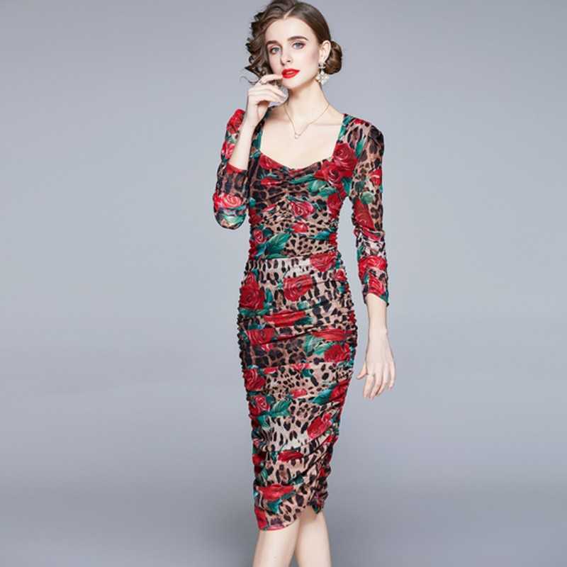 

Runway Spring Sexy Floral Printed Bodycon Dress Women High Waist Draped Mesh Pencil Dresses Robes 210526, Photo color