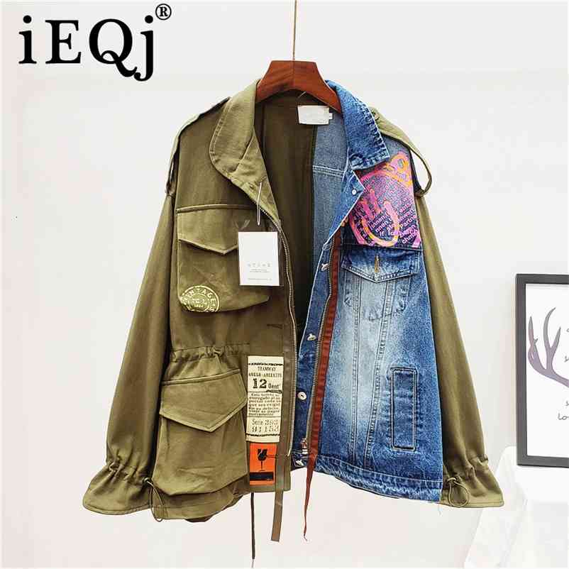 

[IEQJ] Spring Autumn High Quality Lapel Long Sleeve Fake Two Piece Denim Patchwork Vintage Coat Women Jacket Women AH65009L 210722, Picture color