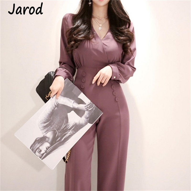 

Jumpsuit Women V-Neck Spring Office Work Wear Female Long Elegant s Rompers 210519, Gray