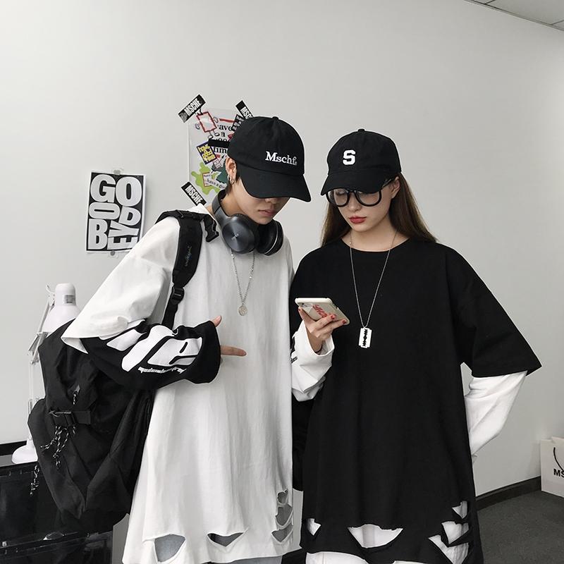 

Men' T-Shirts Harajuku Hip-Hop Broken Copper Fake Two Pieces Men Long-Sleeved T-Shirt Cotton High Street Oversized Base Couple Clothes Emo, White