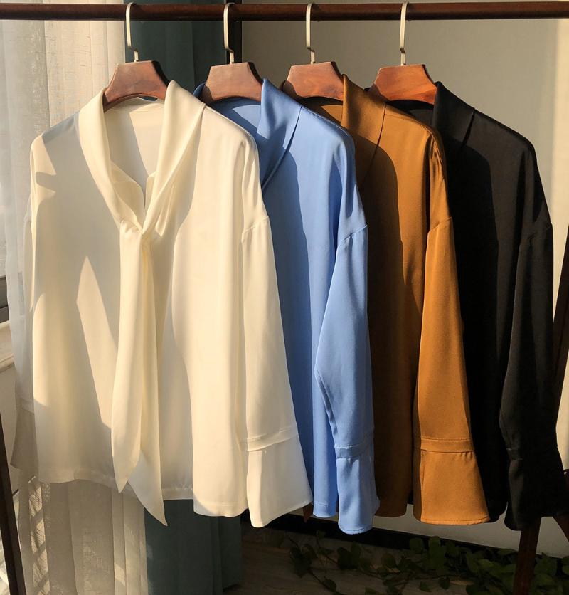 

Women's Blouses & Shirts Elfstyle High-end Silk Long Sleeve V Neckline Solid Color Blouse Shirt Top With Ribbon Ties, White