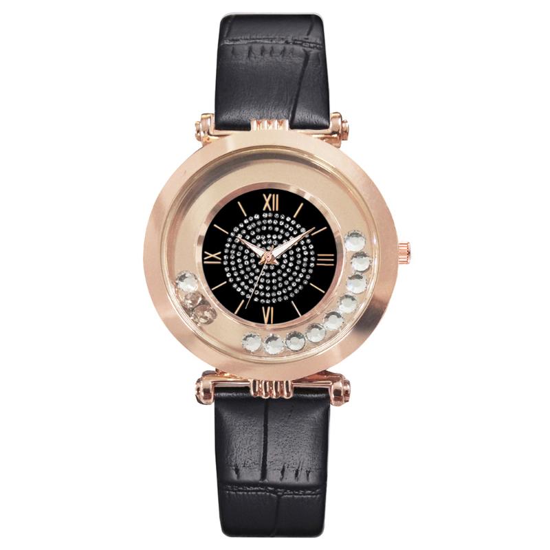 

Wristwatches Women Moving Diamond Luxury Ladies Leather Quartz Rhinestone Watch Gift Clock Relogio Feminino, White