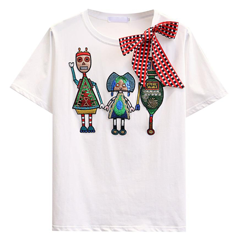 

Women Luxurious Embroidery Sequins Cartoon T Shirt Lady O-neck Short Sleeve Bow Cotton Casual Tshirt Summer Female Top 210524, White
