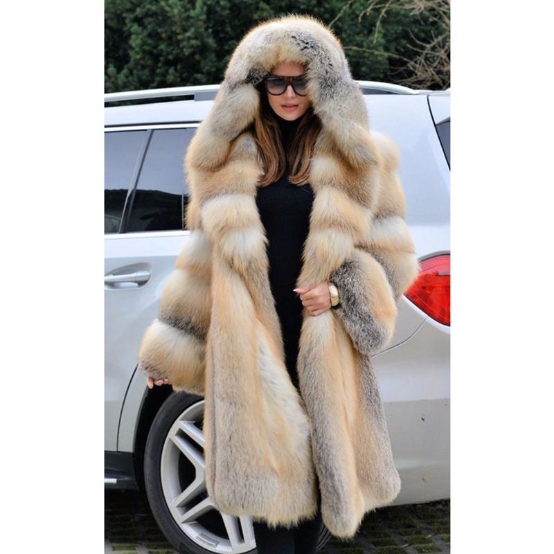 

Women's Fur & Faux FURSARCAR Luxurious Real Natrual Golden Jacket With Hood Thick 2021 Fashion Long Women Winter Coat Plus Size, As pic