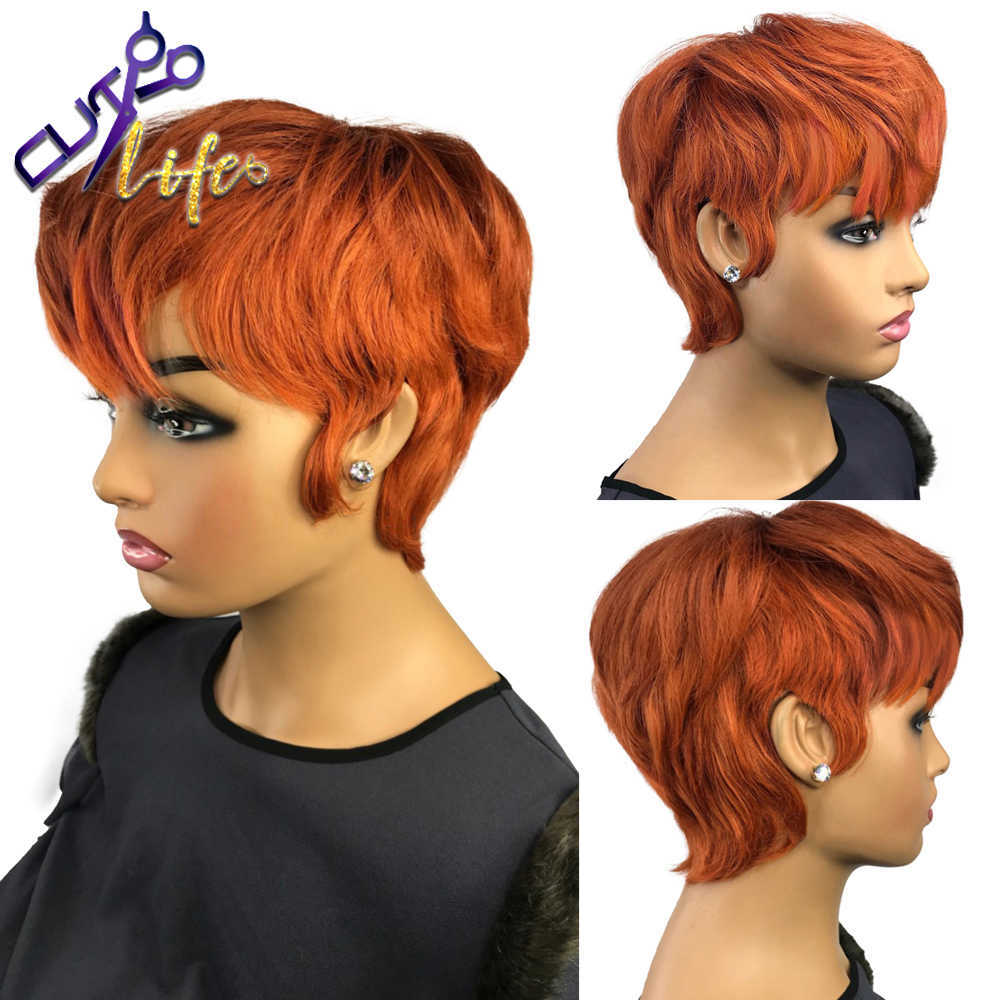 

Orange Ginger Color Wig Short Wavy Bob Pixie Cut Full Machine Made No Lace Human Hair Wigs With Bangs For Black Women Brazilian S0826, Black;brown