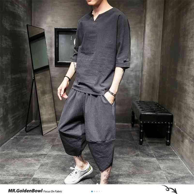 

MrGoldenBowl Store Cotton Linen Solid Summer Tracksuit Men Mens Loose Pant Suit Sets Male Fashion Casual Chinese Style 5XL 210722, Navyblue(asiansize)