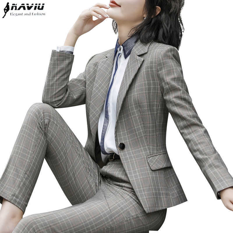 

High Quality Fashion Plaid Suit Business Long Sleeve Blazer and Trousers Office Ladies Plus Size Work Wear 210604, Gray coat and skirt